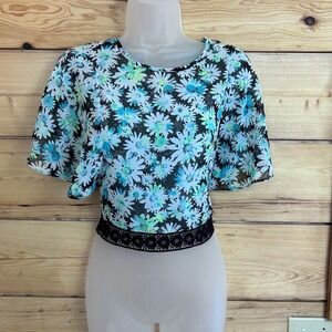 Justice Girls Floral Mesh Crop Top Blue Green Daisy Sequin Flutter Sleeve 17in L
